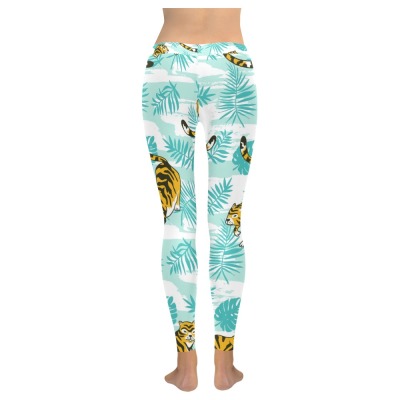 Women's Low Rise Leggings (Model L05) with a turquoise and gold floral pattern, perfect for yoga and fitness activities.