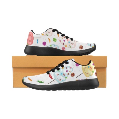 Women's white sneakers with colorful design, black sole for fashion and comfort.
