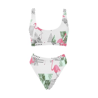 White sport top and high-waisted bikini swimsuit with flamingo pattern. Perfect for summer activities and swimming.