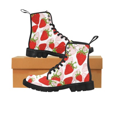Women's Black Canvas Boots with Strawberry Pattern