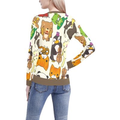Women's all-over print V-neck sweater featuring cartoon animal pattern. Polyester-spandex blend, perfect for daily wear