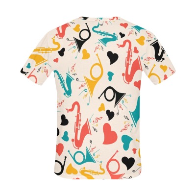 Men's All Over Print T-shirt with Saxophone Pattern, 100% Polyester, USA Size