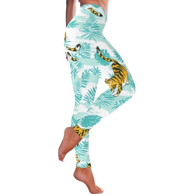Women's Low Rise Leggings with Light Blue and Gold Leaf Pattern