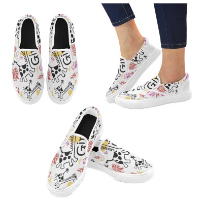 Women's white slip-on canvas shoes (Model 019) with colorful cartoon print, casual footwear.