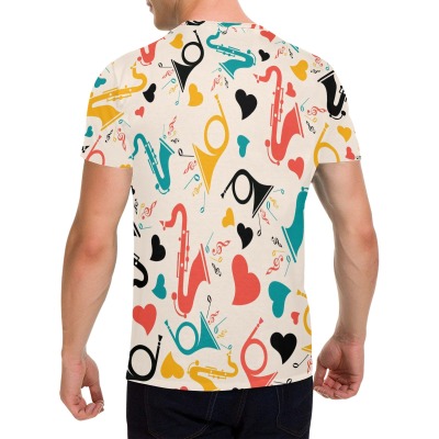 Men's All Over Print T-shirt with Saxophone Pattern, 100% Polyester