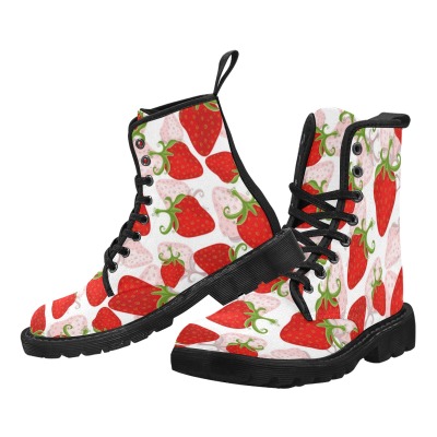Women's Strawberry Print Canvas Boots, Lace-up design, Black Rubber Sole