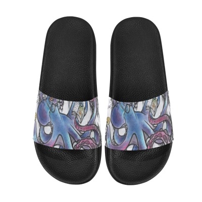 Men's slide sandals with colorful design on PVC strap, slip-on style
