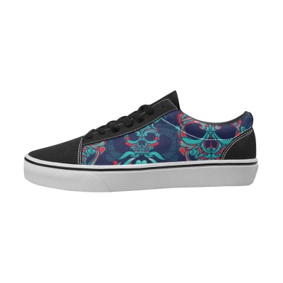Men's Lace-Up Canvas Shoes (Model E001-2) with abstract blue pattern and black accents, Oxford style.