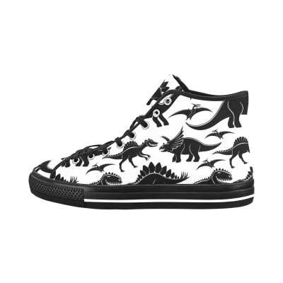 Vancouver high top canvas men's shoe featuring a black and white dinosaur print, durable rubber outsole.