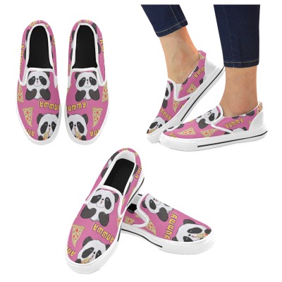 Pink kid's slip-on canvas shoes (Model 019) with panda pattern, designed for kids, easy on and off, with white sole