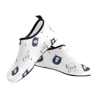 Men's white barefoot aqua shoes with blue bear pattern, flexible and comfortable for water activities.
