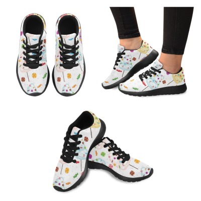 Women's Model 020 Sneakers - White with colorful pattern, black sole, comfortable and stylish.