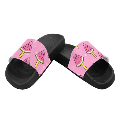 Women's slide sandals with watermelon popsicle pattern, PVC straps and sole, for comfort and style.