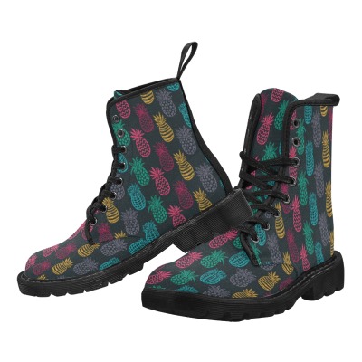 Men's black canvas boots with colorful pineapple pattern, featuring lace-up design and pull-loop