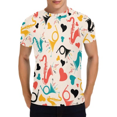 Men's All Over Print T-shirt with colorful saxophone pattern, made of 100% polyester, USA size.
