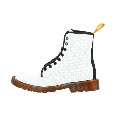 Men's white canvas lace-up boots with unique pattern, black laces, and durable outsole.