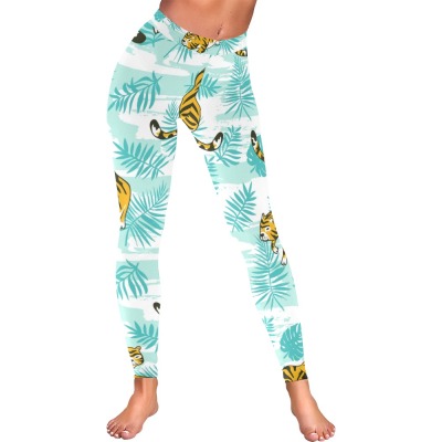 Women's All-Over Low Rise Leggings (Model L05) with blue floral pattern