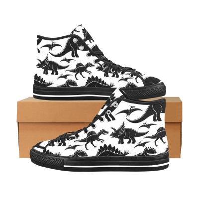 Vancouver High Top Canvas Men's Shoes with dinosaur print, black and white canvas sneakers