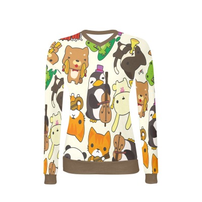 Women's V-neck sweater with all-over cartoon animal print. Polyester-spandex blend, perfect for daily wear.