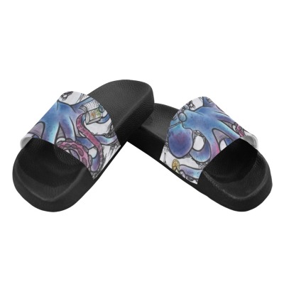 Men's slide sandals with all-over print design on PVC strap, slip-on style, perfect for indoor and outdoor use.