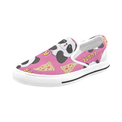 Pink canvas slip-on kid's shoe (Model 019) with cow pattern and pizza, stylish design.