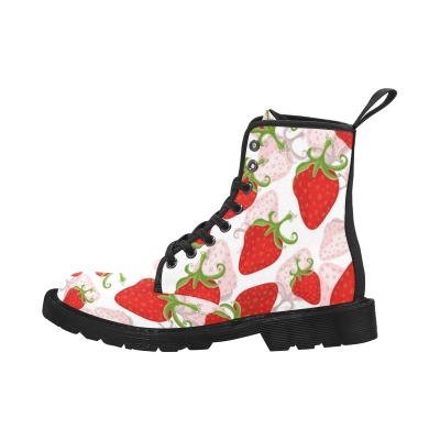 Women's Black Canvas Boots with Strawberry Print, Lace-up design