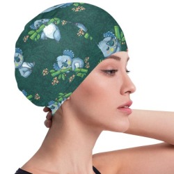 Floral green swimming cap, polyester/spandex, for swimming.
