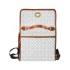 White geometric pattern waterproof canvas bag, brown trim, adjustable strap. Model 1641, perfect for travel or school.