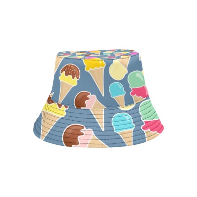 Unisex summer bucket hat with ice cream cone print in polyester, stylish and personalized.