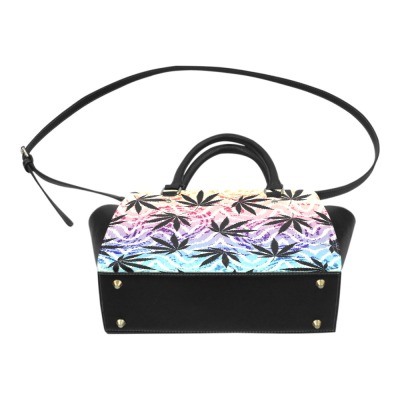Classic Black PU Leather Handbag with Palm Tree Pattern, Double Handles and Shoulder Strap
