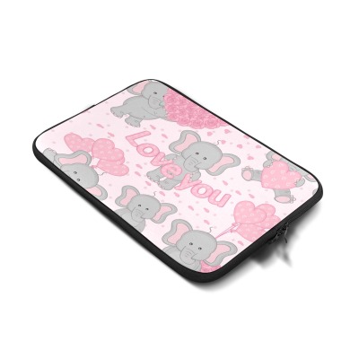 17-inch custom laptop sleeve with gray elephant and pink heart pattern, water-resistant neoprene, double-sided print