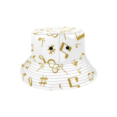 White women's bucket hat with all-over music note print, chino cotton twill for summer