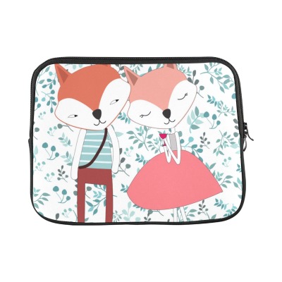 Laptop sleeve featuring a cute cartoon fox couple design with floral background, water resistant neoprene material.