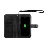 Black PU leather flip phone purse Model 1704, hand strap, card slots, wallet style.