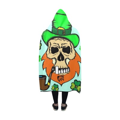 Leprechaun Skull Hooded Blanket 60x50 - Cozy and warm design with shamrocks and pipe.