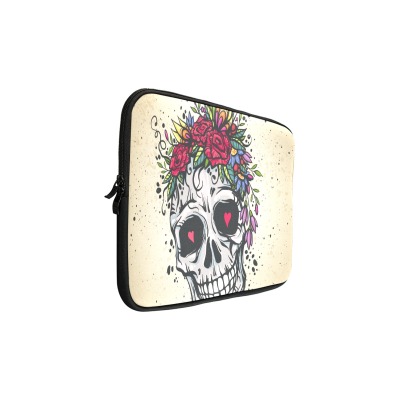 Laptop sleeve with skull and floral design. Water-resistant neoprene for 15-inch laptops.