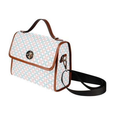 Waterproof Canvas Bag (Model 1641) white with geometric pattern and brown trim, adjustable strap.