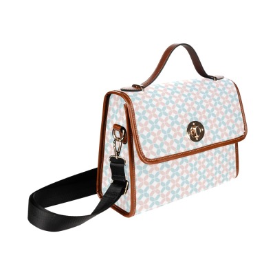 Geometric pattern waterproof canvas bag (Model 1641), brown trim, adjustable strap, travel-ready.