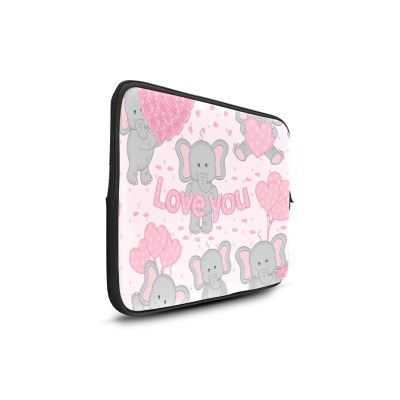 17-inch laptop sleeve featuring gray elephant and pink heart pattern, with 'Love You' text, made of neoprene.