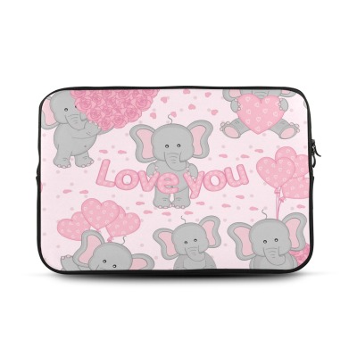 Custom 17-inch laptop sleeve featuring a repeating pattern of gray elephants and pink hearts, with "Love You" text.