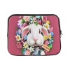 Pink 13 inch laptop sleeve with a white bunny design and floral accents.