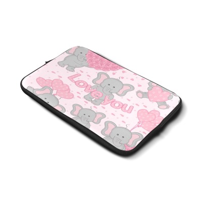 Custom 17-inch laptop sleeve with gray elephants and pink hearts pattern, neoprene, Love You text