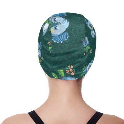 Green floral swimming cap, breathable polyester-spandex blend, perfect for swimming activities.