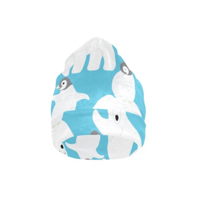 Adult's All Over Print Beanie with a white polar bear pattern on a blue background made of silver fox velvet