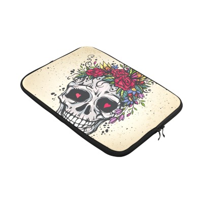 Custom 15-inch laptop sleeve featuring a skull with floral design, water-resistant neoprene