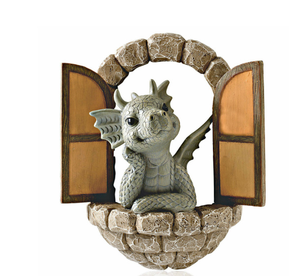 Dragon window piece with open wooden shutters in a garden setting