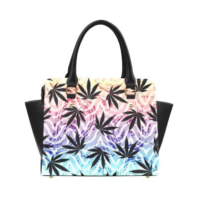 Classic shoulder handbag with a colorful leaf pattern, PU leather, black double handles and shoulder strap.