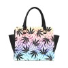 Classic shoulder handbag with a colorful leaf pattern, PU leather, black double handles and shoulder strap.