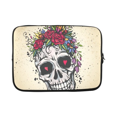 Custom 15-inch laptop sleeve with skull and floral design, water-resistant neoprene