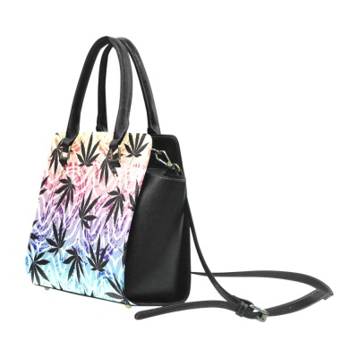 Classic Shoulder Handbag with Colorful Leaf Pattern, Black PU Leather, Double Handles and Shoulder Strap